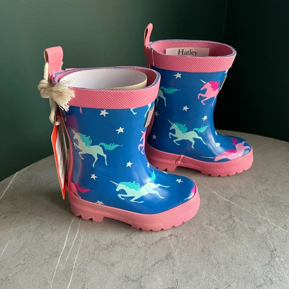 Hatley Twinkle Unicorns Blue Shiny Waterproof Pull On Rain Boots